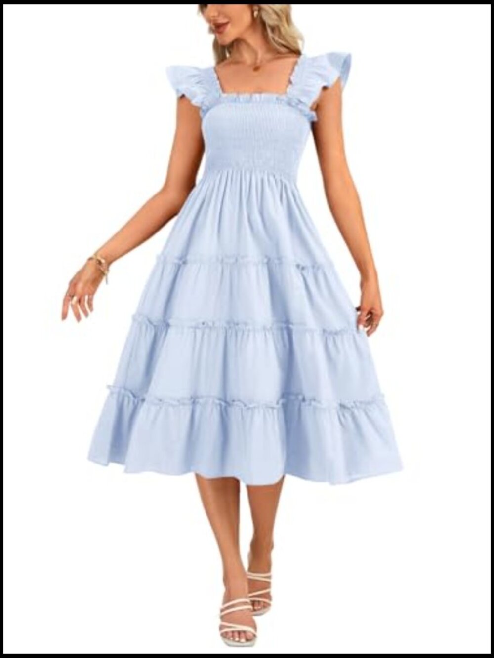 Sleeveless Smocked Square Neck A-Line Midi Sundress with Ruffle Straps - Picture 2 of 6
